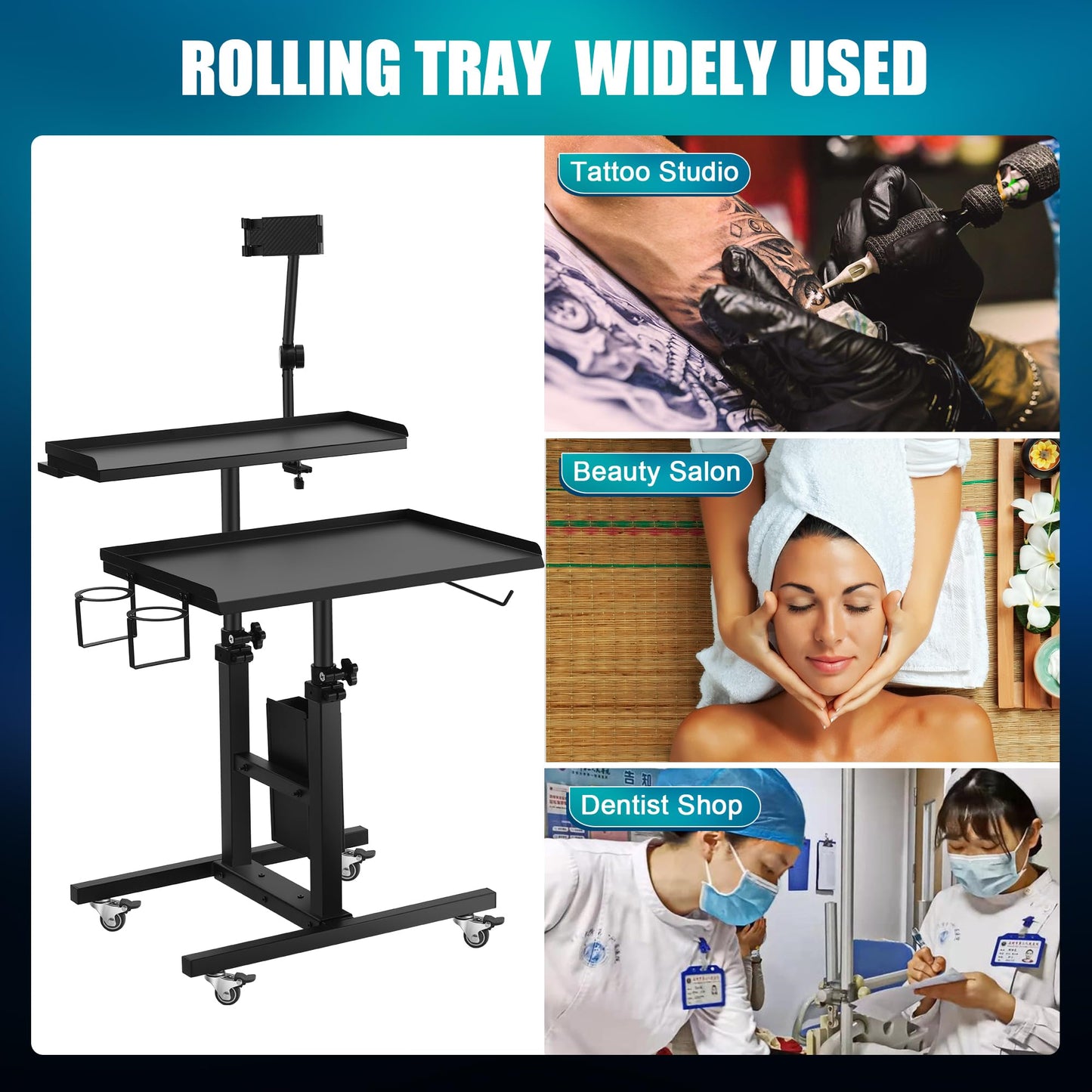 POARMEEY Premium Tattoo Salon Tray Adjustable Double Tier Tattoo Workstation with Wheels for Studio