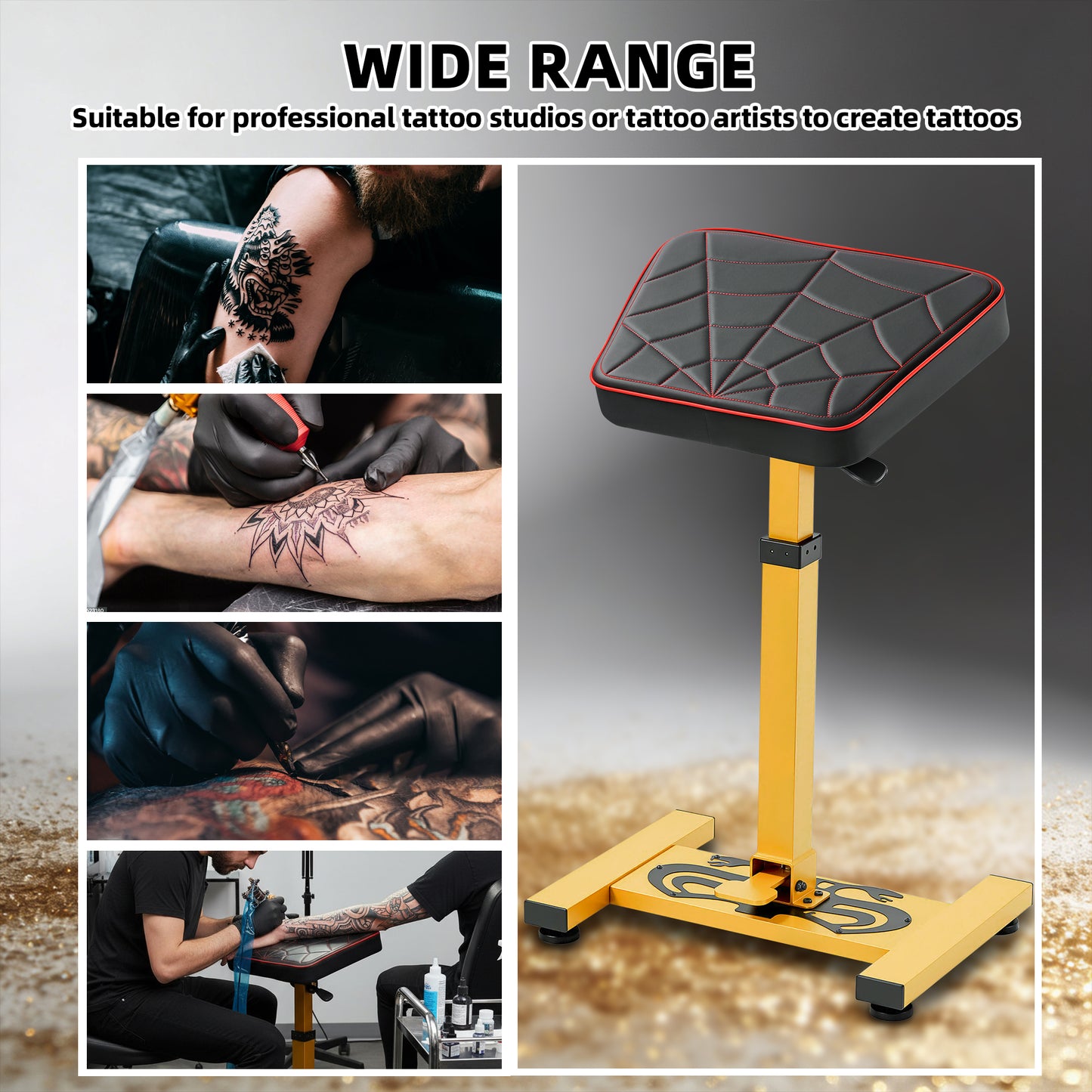 POARMEEY Large Tattoo Armrest with Gold Metal Frame,Tattoo Arm Rest Adjustable Height by Hydraulic System,Panel Rotation180°Handle Flip,Spider-web embroidery Leather for Tattoo Studio&Artists