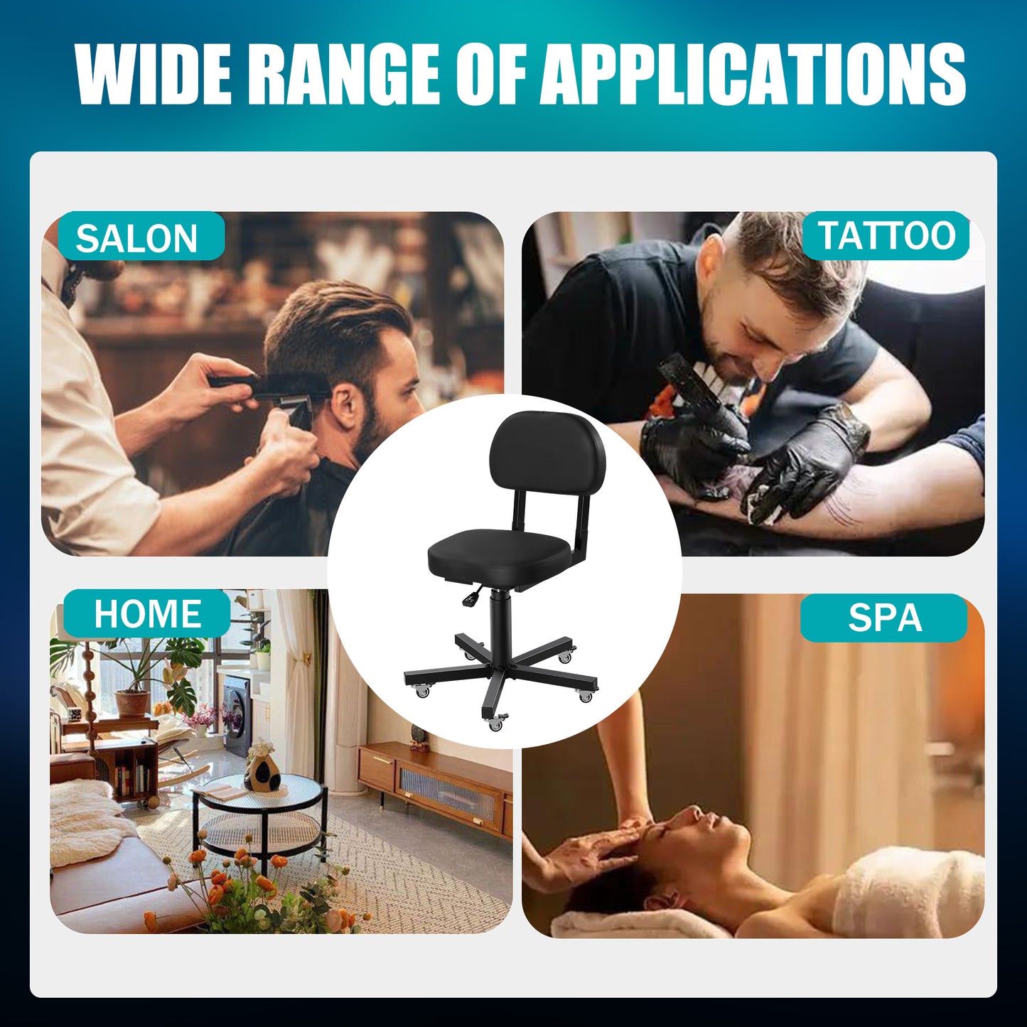 Poarmeey Rolling Stool with Back Support Tattoo Chair for Artist Salon Black Adjuestable Swivel Stool with Backrest for Work Spa Shop Home Massage Use