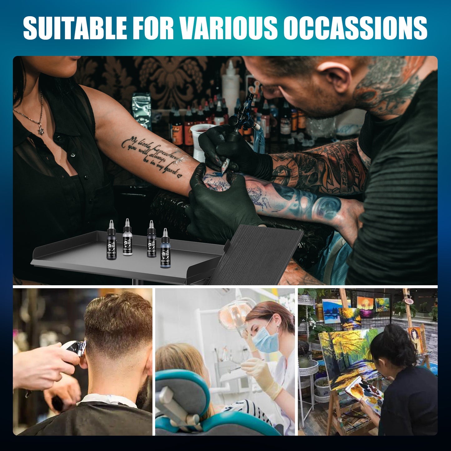 POARMEEY Tattoo Tray Cart on Wheels with Extension Rotatable Tattoo Table Station Versatile Rolling Tool Tray for Tattoo Artist Studio and Beauty Salon