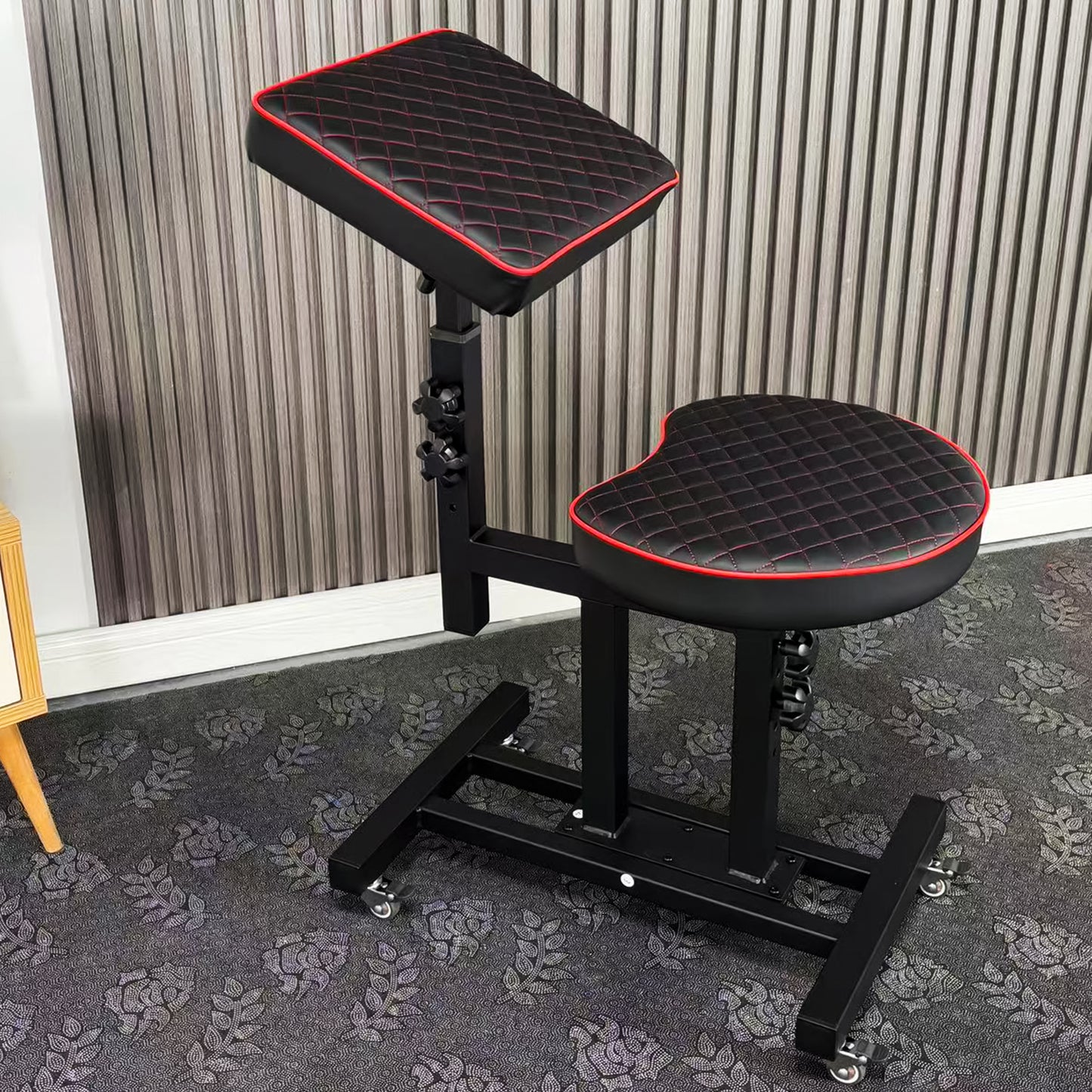 Poarmeey Tattoo Chair for Artist with Arm Rest Stand and Adjustable Panel Height Angles on Wheels Red Checkered Pillow(024)