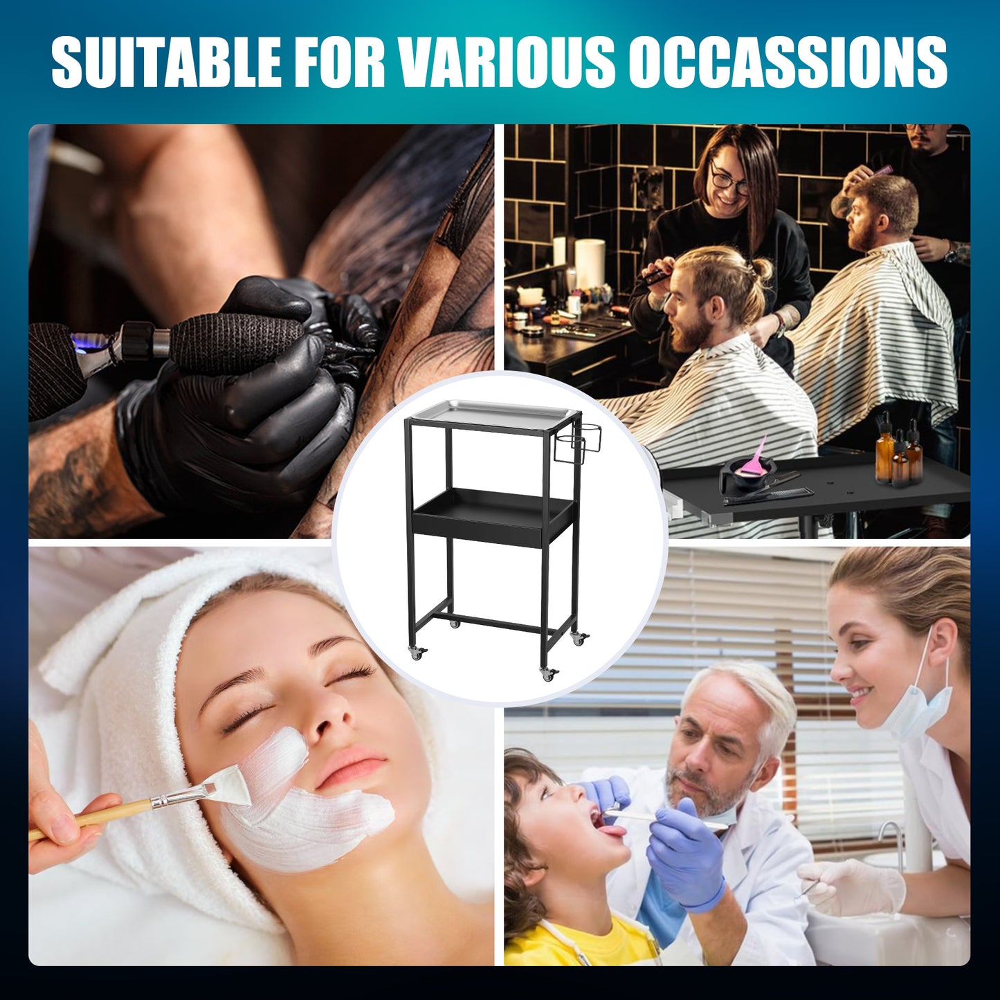 POARMEEY 2-Tier Tattoo Rolling Trolley Holder,Tray Cart on Wheels with Removable Stainless Steel Tray,Tool Storage Layer for Tattoo Salon Spa Clinics Office Home Use