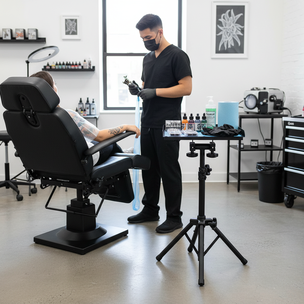 POARMEEY Foldable Tattoo Tray Stand with Carry Bag and Adjustable Height, Portable Design, Triangular Base,Tattoo Studio & Salon Use