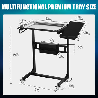 POARMEEY Stainless Steel Tattoo Tray Cart on Wheels, Service Rolling Tray with Extension Rotatable Table Stand, Tattoo Storage Utility Tray for Salon Spa Dental Use