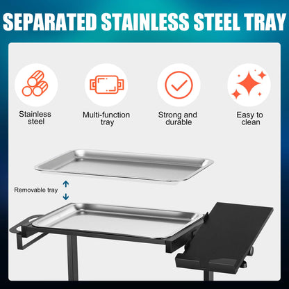 POARMEEY Stainless Steel Tattoo Tray Cart on Wheels, Service Rolling Tray with Extension Rotatable Table Stand, Tattoo Storage Utility Tray for Salon Spa Dental Use