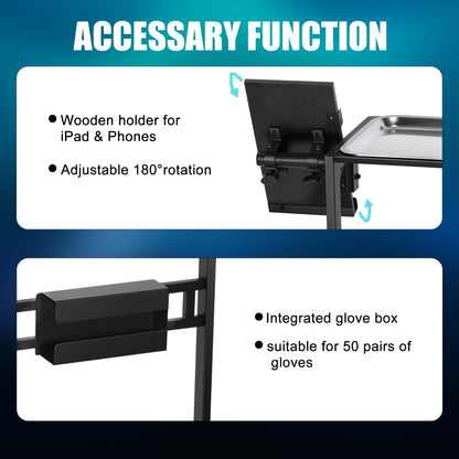 POARMEEY Stainless Steel Tattoo Tray Cart on Wheels, Service Rolling Tray with Extension Rotatable Table Stand, Tattoo Storage Utility Tray for Salon Spa Dental Use