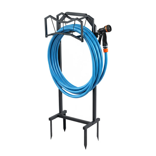 POARMEEY Garden Hose Holder with Sturdy Base,Heavy-Duty Metal Hose Holder Holds 150Ft,Rust-Proof Freestanding Hose Storage Rack for Outside, Yard, Lawn, Farm, Black