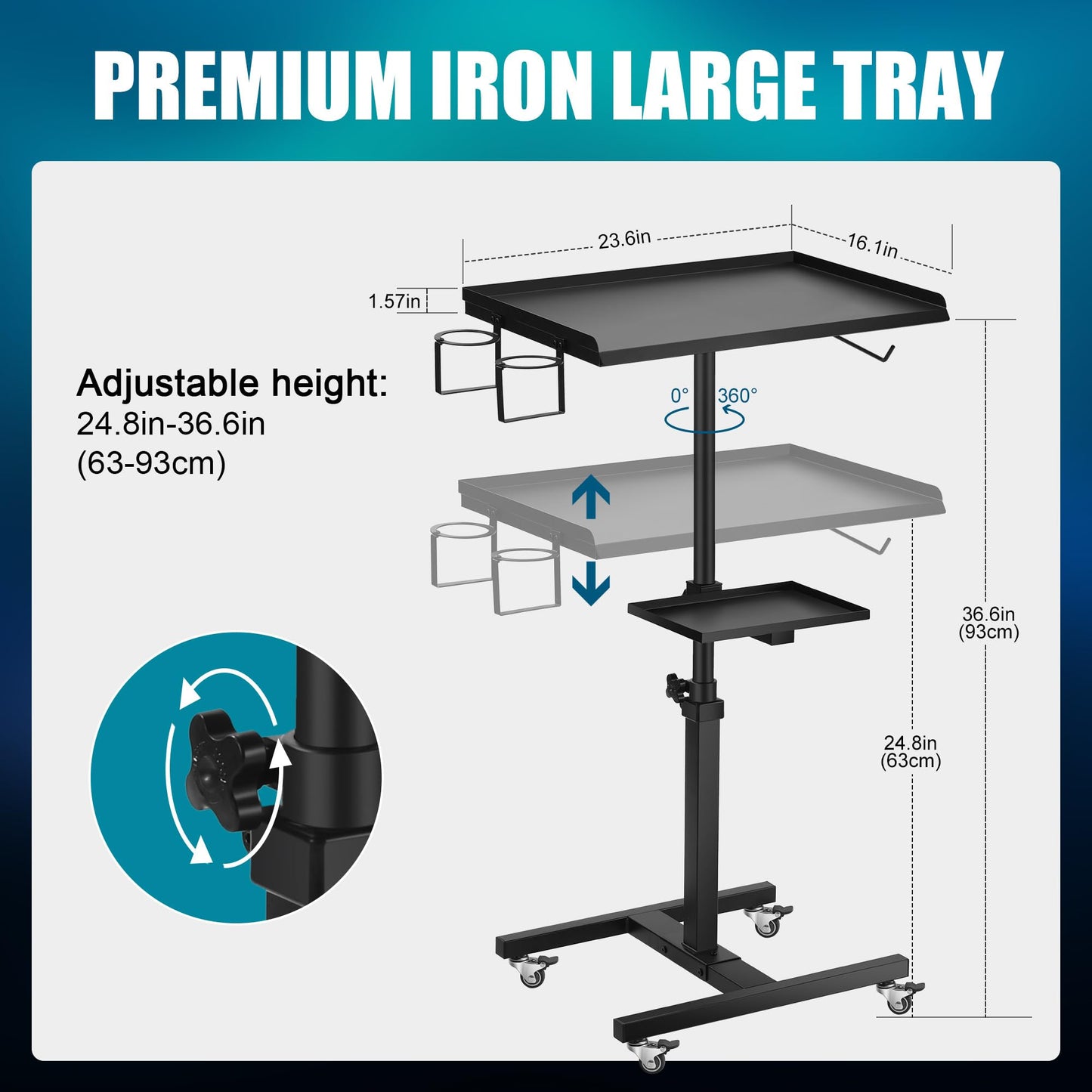 POARMEEY Premium Large Double Tier Rolling Workstation Table with 360 Degree Mute Universal Wheel for Tattoo Work,Beauty Salon Spa Stools Service Storage Tray