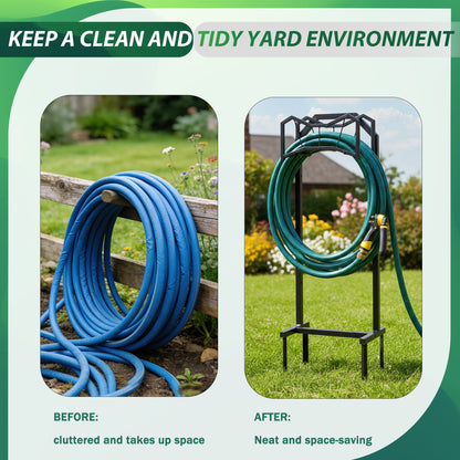 POARMEEY Garden Hose Holder with Sturdy Base,Heavy-Duty Metal Hose Holder Holds 150Ft,Rust-Proof Freestanding Hose Storage Rack for Outside, Yard, Lawn, Farm, Black