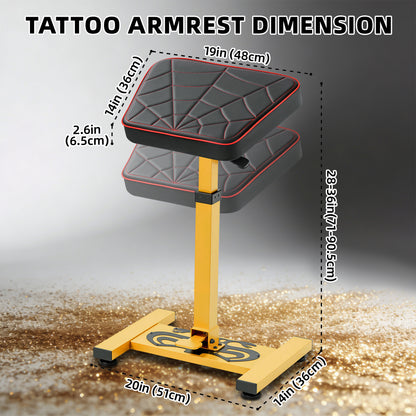 POARMEEY Large Tattoo Armrest with Gold Metal Frame,Tattoo Arm Rest Adjustable Height by Hydraulic System,Panel Rotation180°Handle Flip,Spider-web embroidery Leather for Tattoo Studio&Artists
