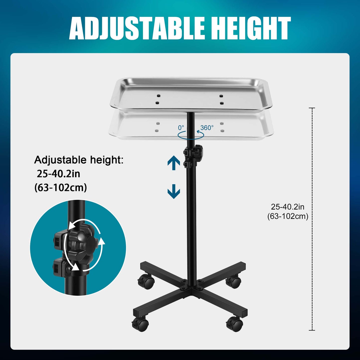 POARMEEY Salon Tray on Wheels Salon Rolling Cart with Professional Stainless Steel Tray Tattoo Stand with Adjustable Height Angle