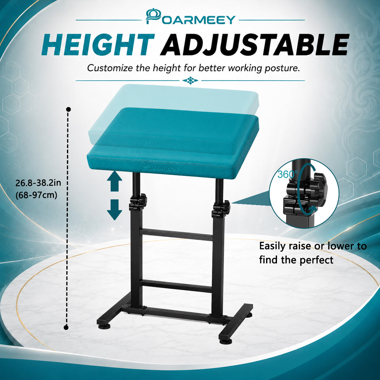 POARMEEY Tattoo Arm Rest XXL Height Adjustable for Tattoo Studio Mint Green，Height 68-97 cm Soft Sponge Cushion 180° Tilt Professional Use Easy to Clean Sturdy Metal Frame for Tattoo Artists