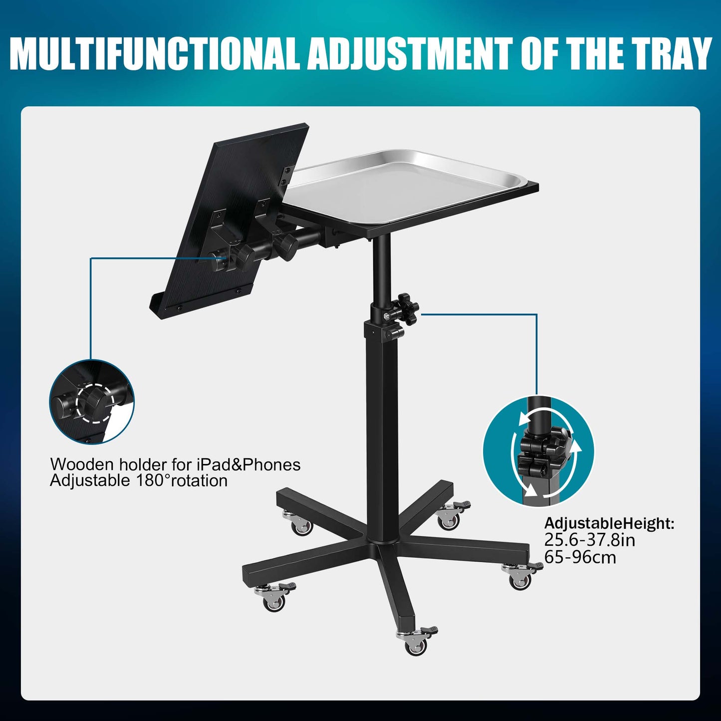 POARMEEY Mobile Tattoo Tray Cart with Wheels, Height Adjustable Stand, Removable Steel Tray, Rolling Tray for Salon and SPA Use