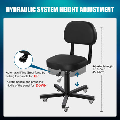 Poarmeey Rolling Stool with Back Support Tattoo Chair for Artist Salon Black Adjuestable Swivel Stool with Backrest for Work Spa Shop Home Massage Use