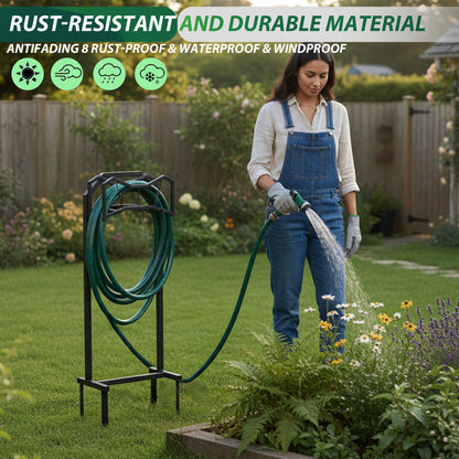 POARMEEY Garden Hose Holder with Sturdy Base,Heavy-Duty Metal Hose Holder Holds 150Ft,Rust-Proof Freestanding Hose Storage Rack for Outside, Yard, Lawn, Farm, Black