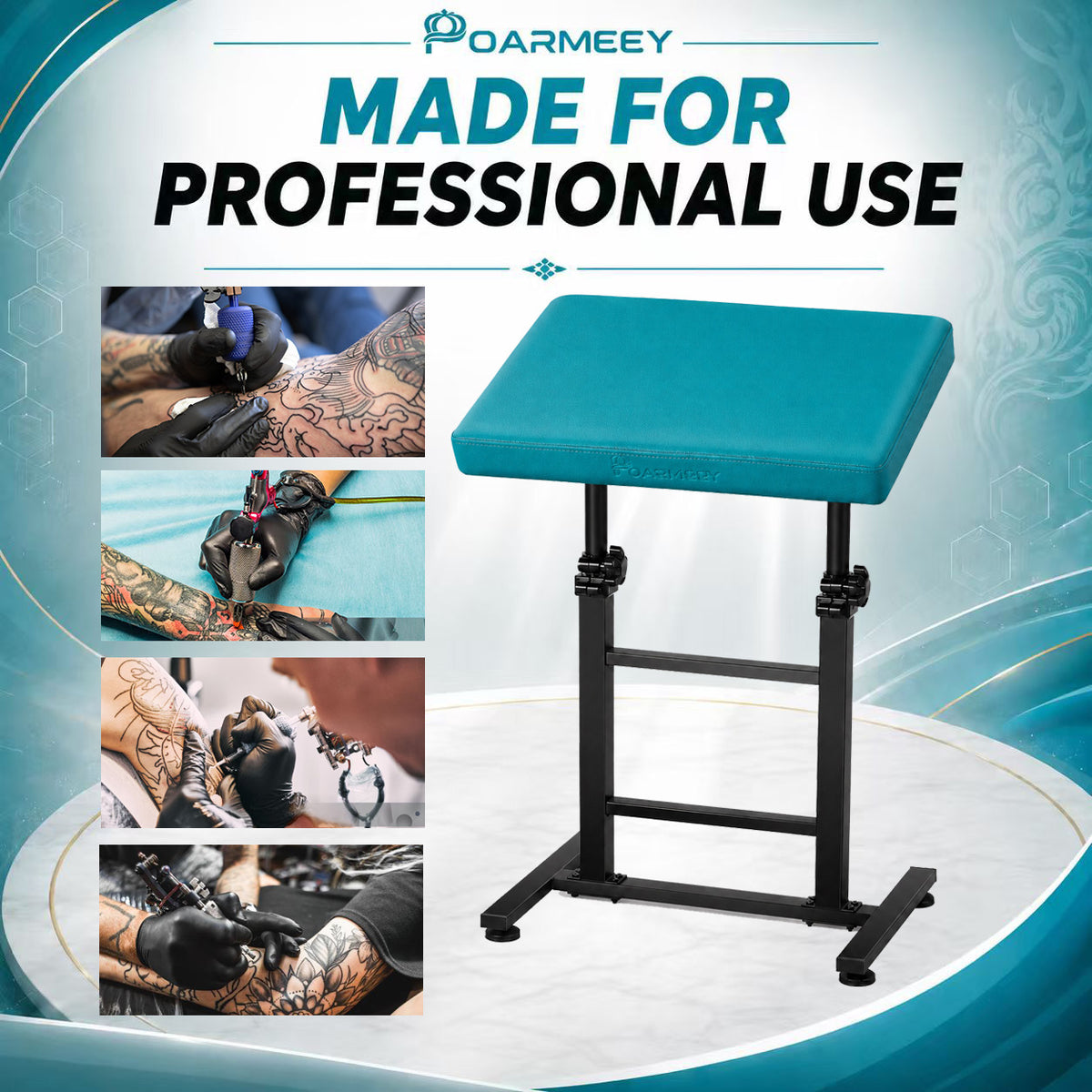 POARMEEY Tattoo Arm Rest XXL Height Adjustable for Tattoo Studio Mint Green，Height 68-97 cm Soft Sponge Cushion 180° Tilt Professional Use Easy to Clean Sturdy Metal Frame for Tattoo Artists