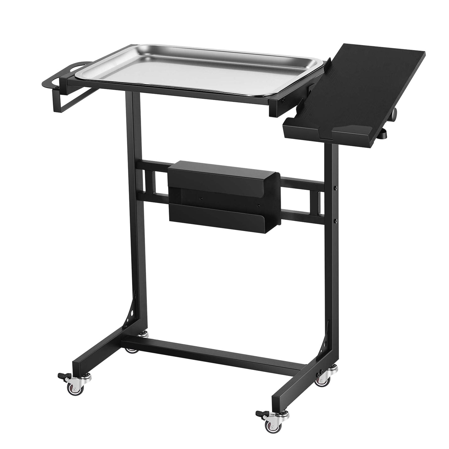 POARMEEY Stainless Steel Tattoo Tray Cart on Wheels, Service Rolling Tray with Extension Rotatable Table Stand, Tattoo Storage Utility Tray for Salon Spa Dental Use