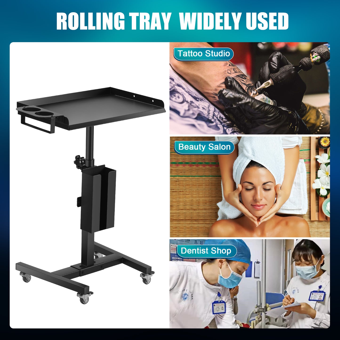 POARMEEY Tattoo Tray on Wheels Salon Rolling Tray Cart Made of Thickened Iron Adjustable Height Angle with Storage Space for Tattoo Studio Salon Medical