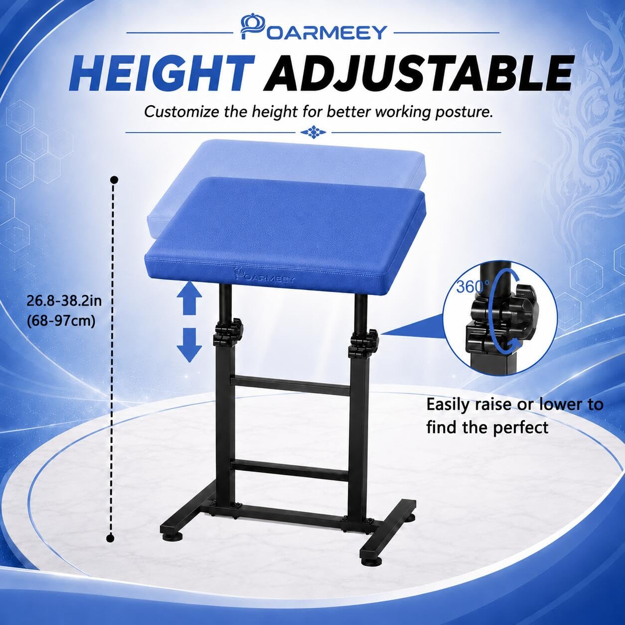 POARMEEY Tattoo Arm Rest XXL Height Adjustable for Tattoo Studio Royal Blue，Heavy‑duty Metal Frame Oversized padded PU leather 180° Tilt Stable Base Adjustable Height for Pro & Beginner Tattoo Artists Visit the Poarmeey Store