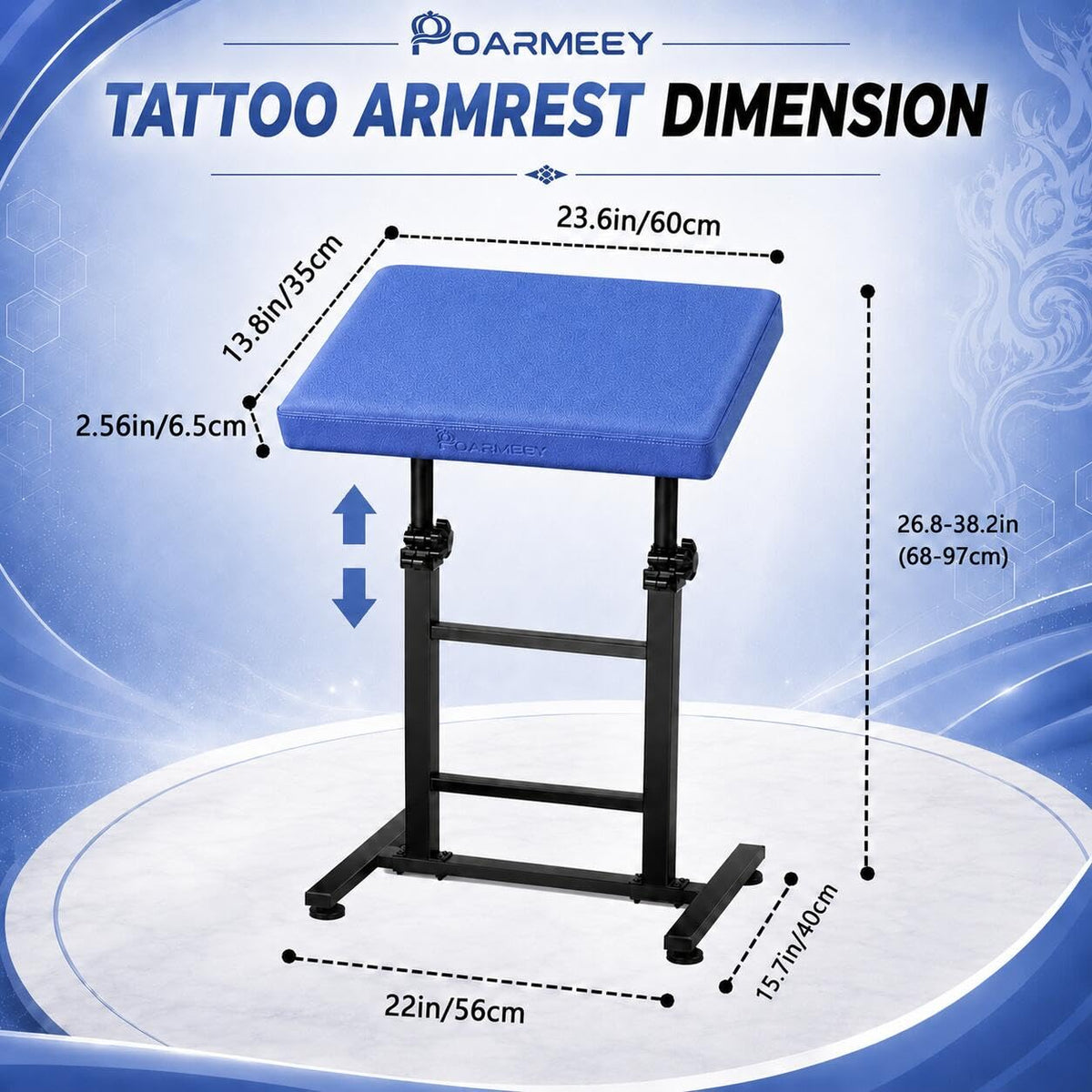 POARMEEY Tattoo Arm Rest XXL Height Adjustable for Tattoo Studio Royal Blue，Heavy‑duty Metal Frame Oversized padded PU leather 180° Tilt Stable Base Adjustable Height for Pro & Beginner Tattoo Artists Visit the Poarmeey Store