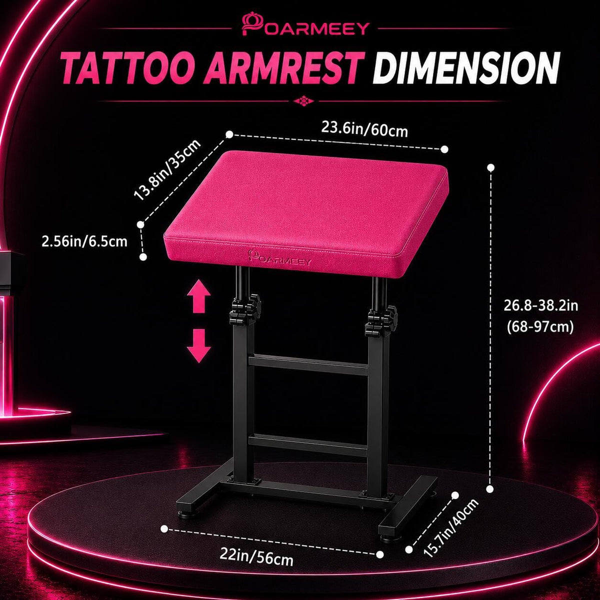 POARMEEY Tattoo Arm Rest XXL Height Adjustable for Tattoo Studio Pink，Height 68-97 cm Soft Sponge Cushion 180° Tilt Professional Use Easy to Clean Sturdy Metal Frame for Tattoo Artists
