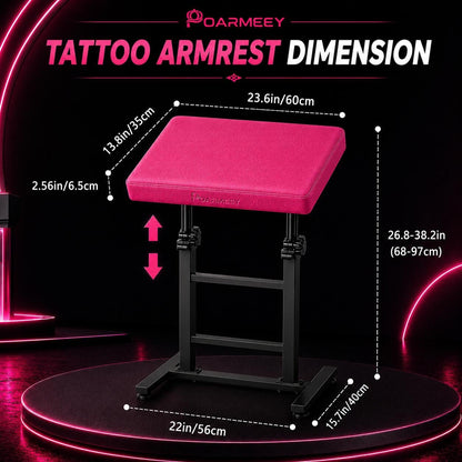 POARMEEY Tattoo Arm Rest XXL Height Adjustable for Tattoo Studio Pink，Height 68-97 cm Soft Sponge Cushion 180° Tilt Professional Use Easy to Clean Sturdy Metal Frame for Tattoo Artists