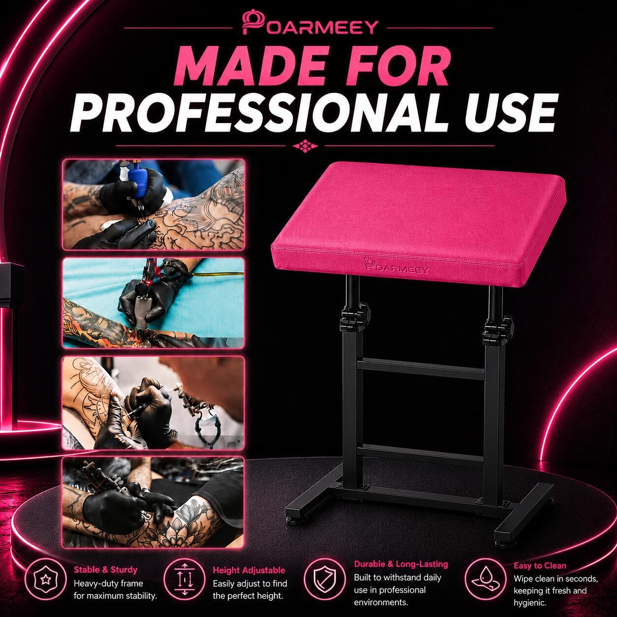 POARMEEY Tattoo Arm Rest XXL Height Adjustable for Tattoo Studio Pink，Height 68-97 cm Soft Sponge Cushion 180° Tilt Professional Use Easy to Clean Sturdy Metal Frame for Tattoo Artists