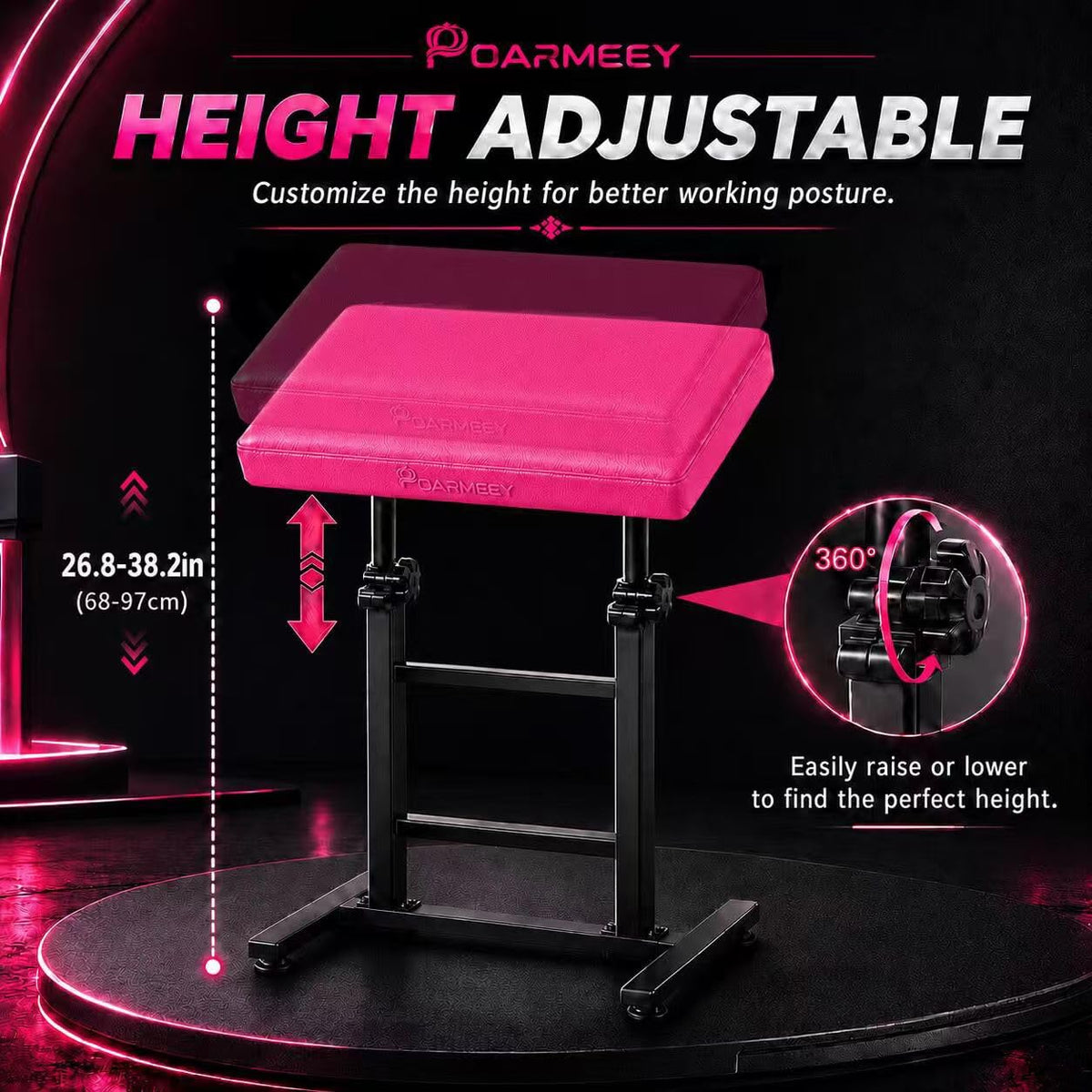 POARMEEY Tattoo Arm Rest XXL Height Adjustable for Tattoo Studio Pink，Height 68-97 cm Soft Sponge Cushion 180° Tilt Professional Use Easy to Clean Sturdy Metal Frame for Tattoo Artists