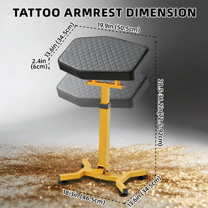 POARMEEY XXL Tattoo Armrest with Gold Metal Frame Large Tattoo Arm Rest Stand with Breathable Checkered Pillow that Can Rotate 180° Hydraulic Armrest with Foot Pedal to Adjust Height